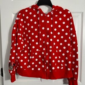 Disney size small Minnie Mouse zip front hoodie with ears. Red/white polka dot.